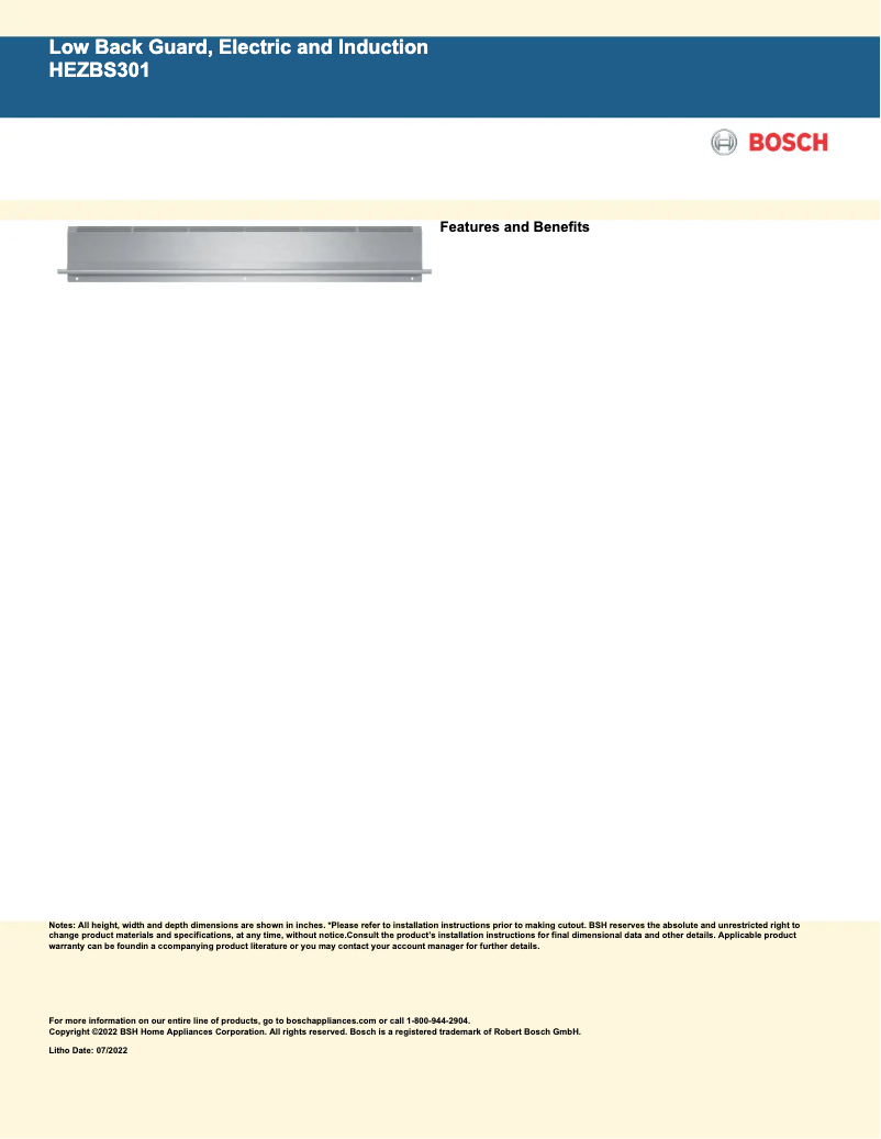 Page 1 of the manual Technical Sheet Bosch HEZBS301