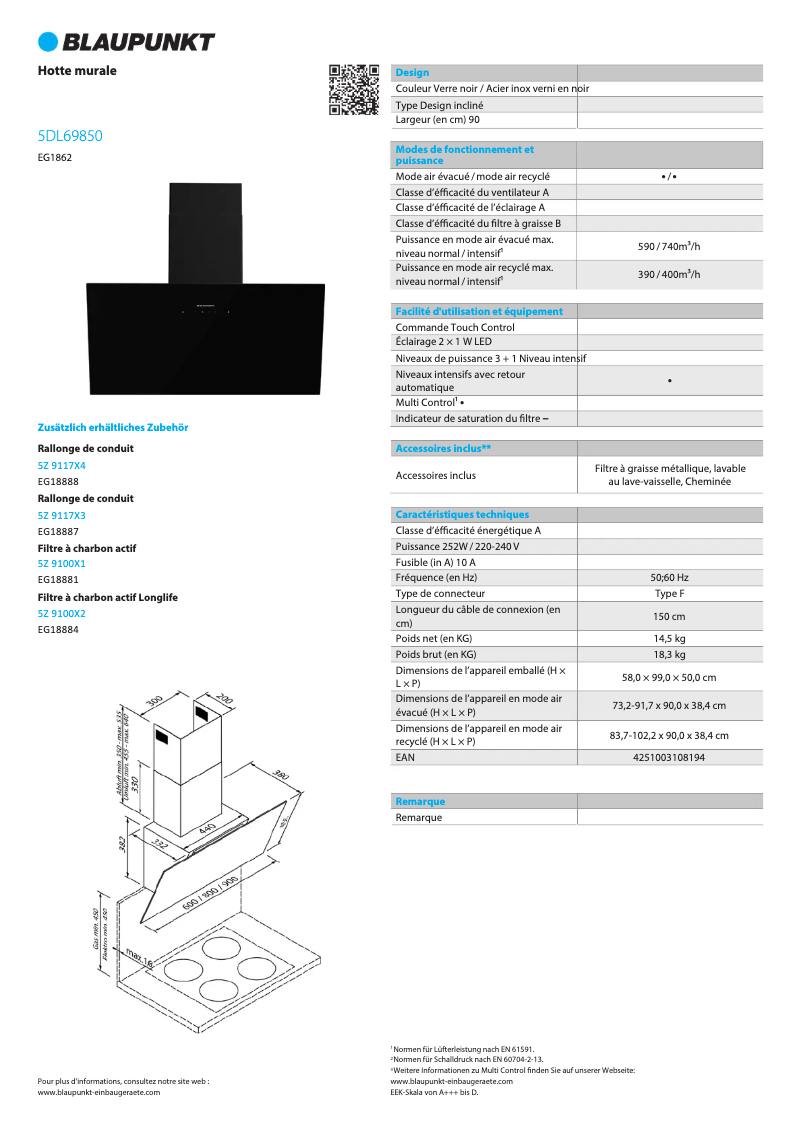 Página 1 del manual Ficha técnica Blaupunkt 5DL69850