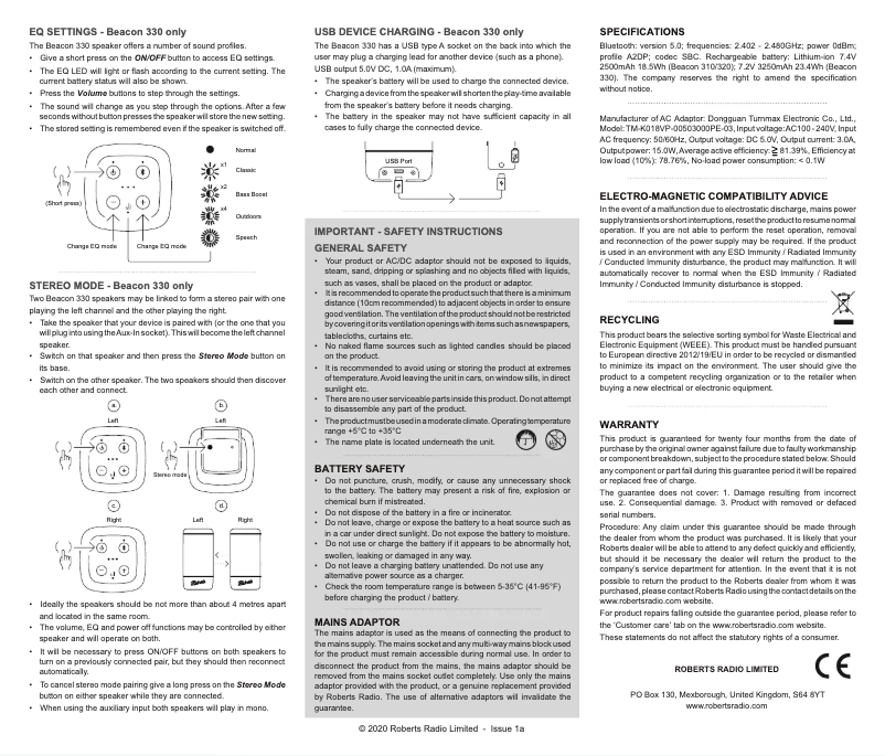 Page 1 de la notice Manuel utilisateur Roberts Beacon 310