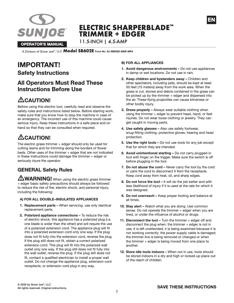 Page 1 de la notice Manuel utilisateur Sun Joe SB602E