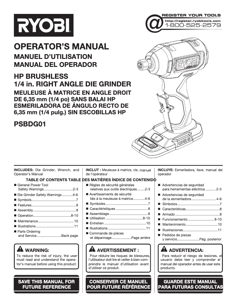 Page 1 de la notice Manuel utilisateur RYOBI One+ PSBDG01