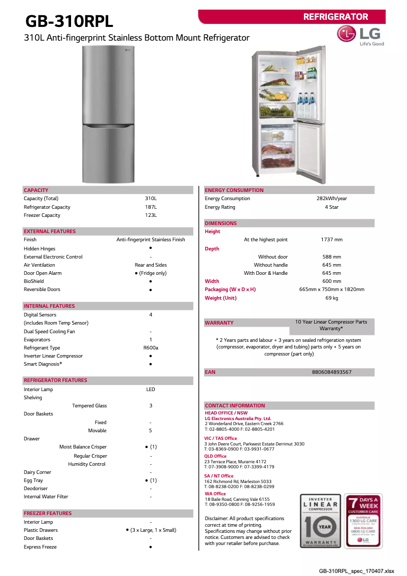 Page 1 de la notice Fiche technique LG GB-310RPL