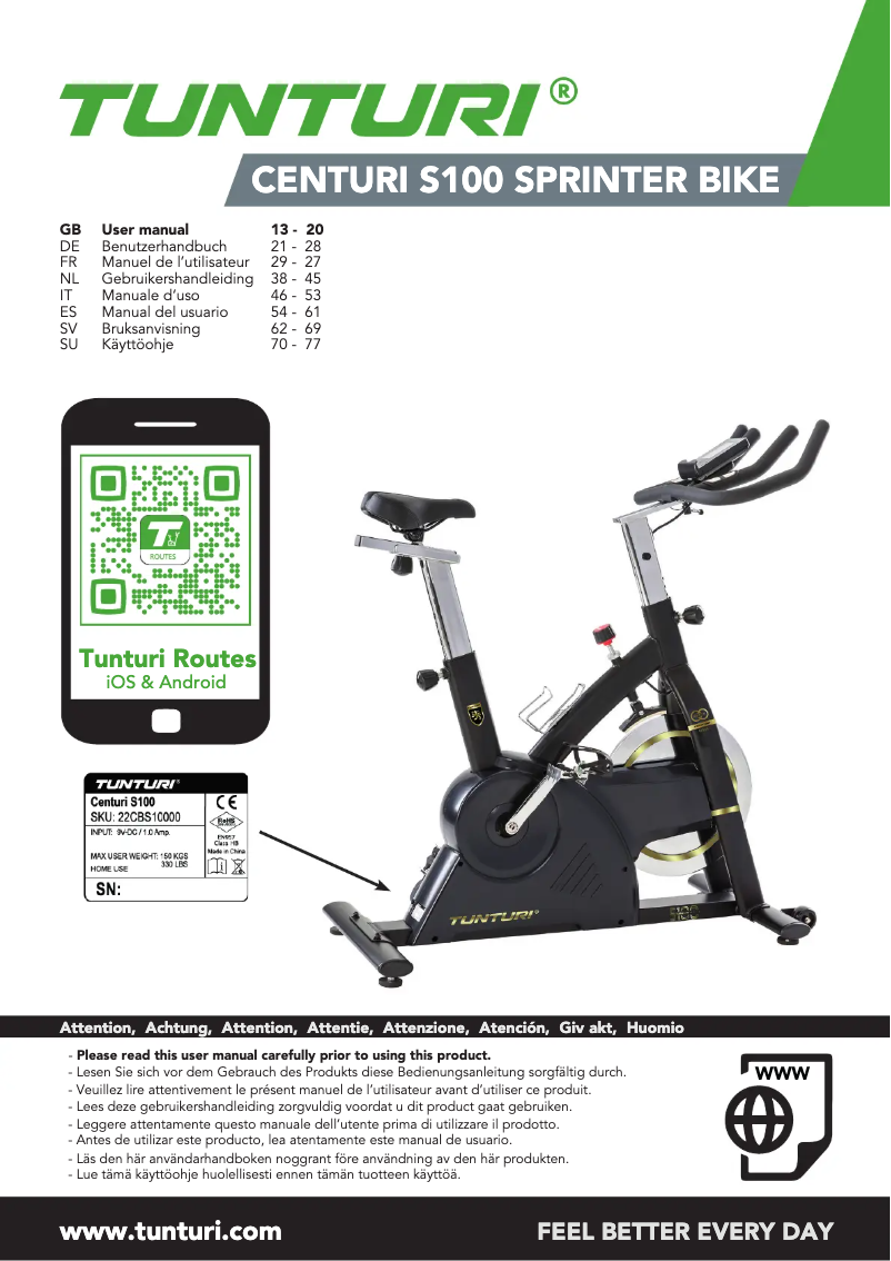 Page 1 de la notice Manuel utilisateur Tunturi Centuri S100