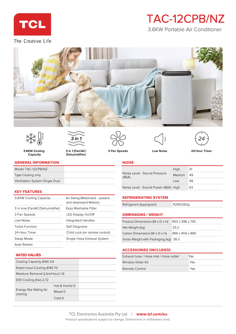 Page 1 de la notice Fiche technique TCL TAC-12CPB/NZ
