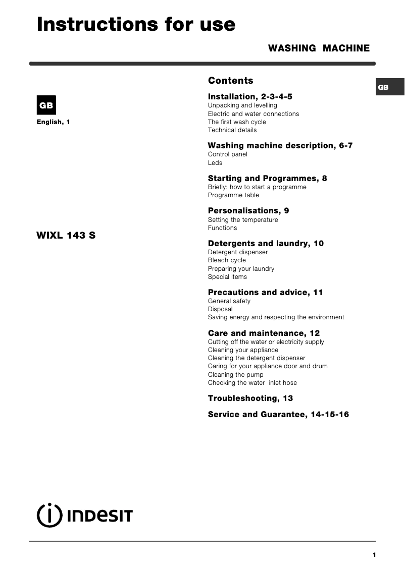 Página 1 del manual Manual de usuario Indesit WIXL 143 S (UK)