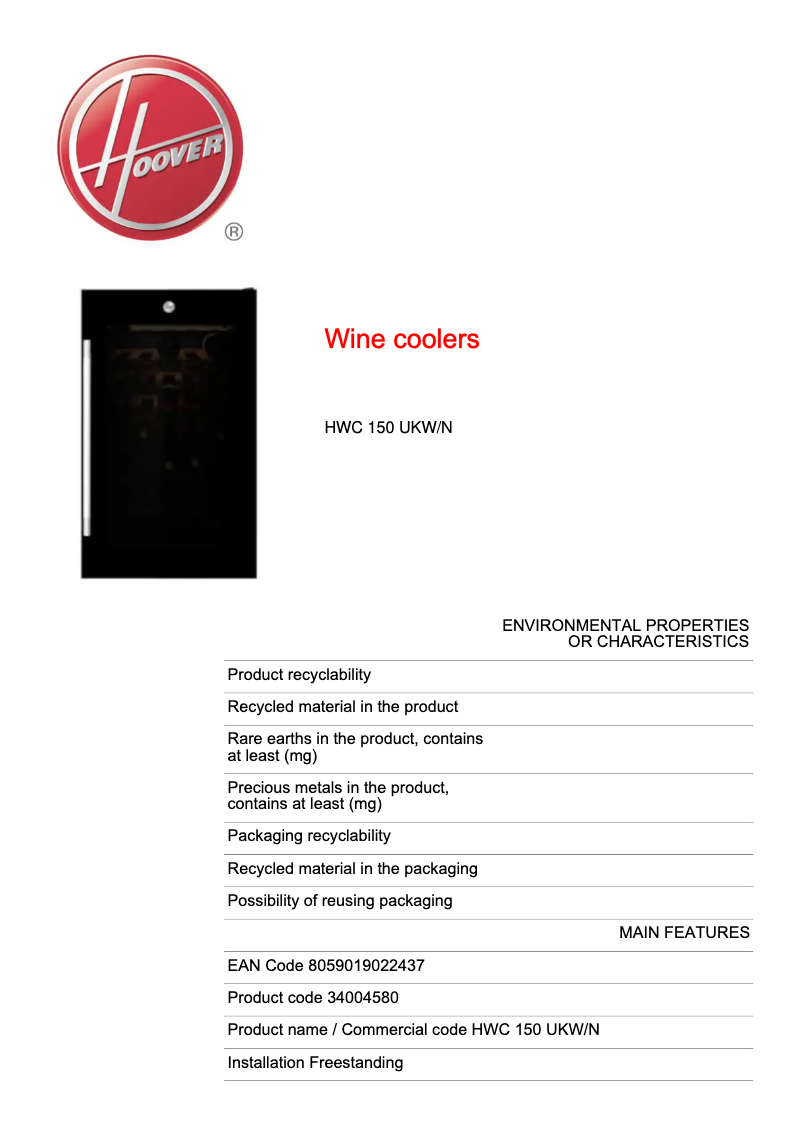 Page 1 de la notice Fiche technique Hoover HWC 150 UKW/N