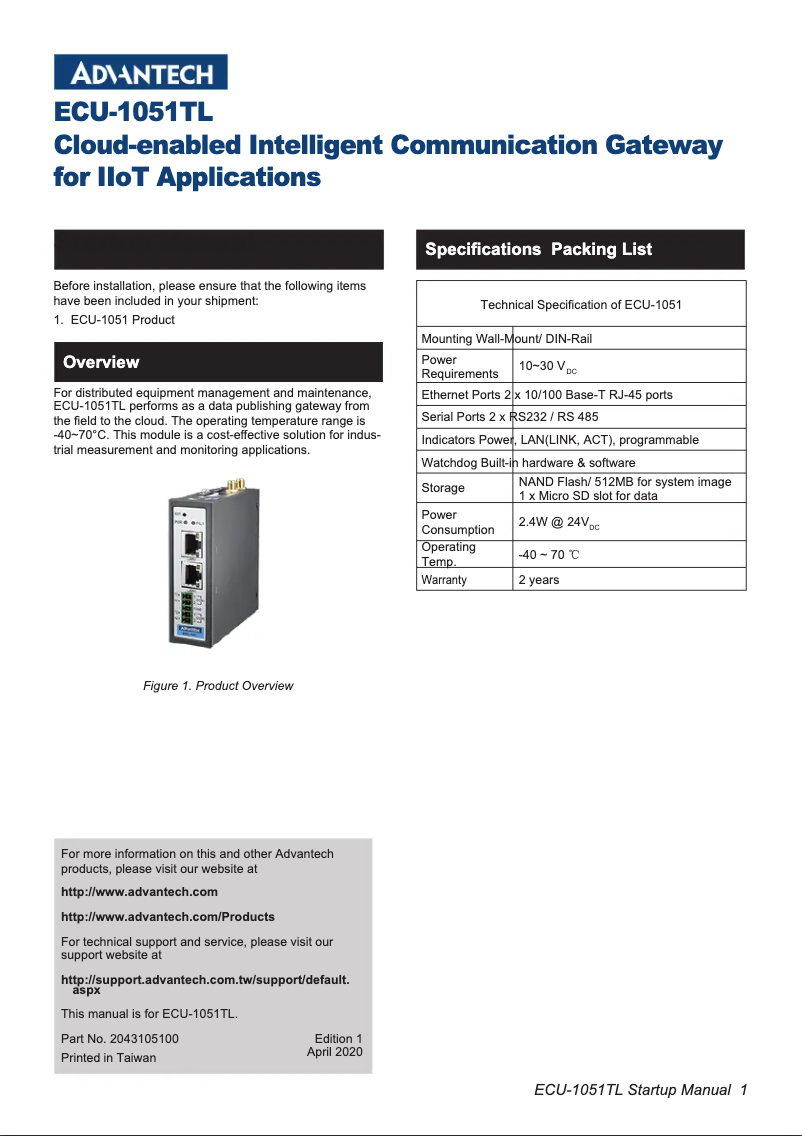 Page 1 de la notice Manuel utilisateur Advantech ECU-1051TL