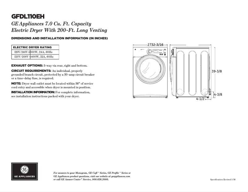 Page 1 of the manual Technical Sheet GE GFDL110EHWW
