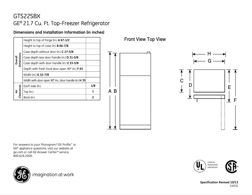 Page 1 de la notice Fiche technique GE GTS22SBXSS