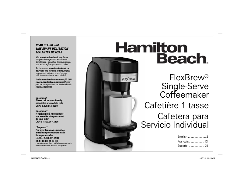 Page 1 de la notice Manuel utilisateur Hamilton Beach Flexbrew 49997