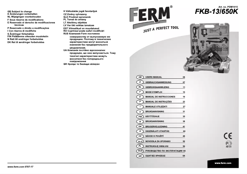 Page 1 de la notice Manuel utilisateur Ferm FKB-13/650K
