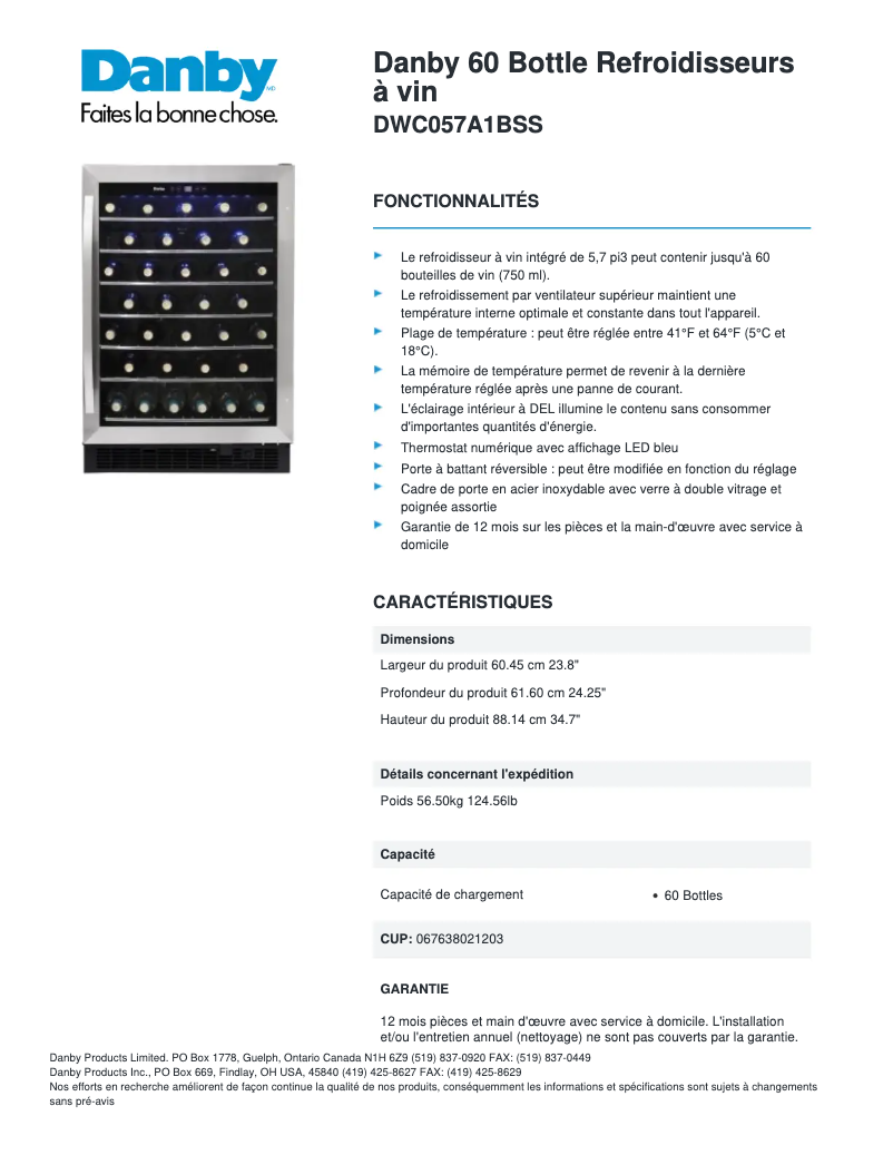 Page 1 de la notice Fiche technique Danby DWC057A1BSS