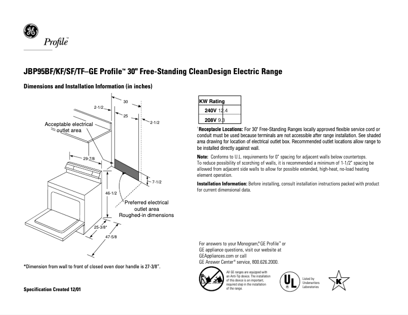 Page n°1 - Fiche technique GE Profile JBP95TFWW