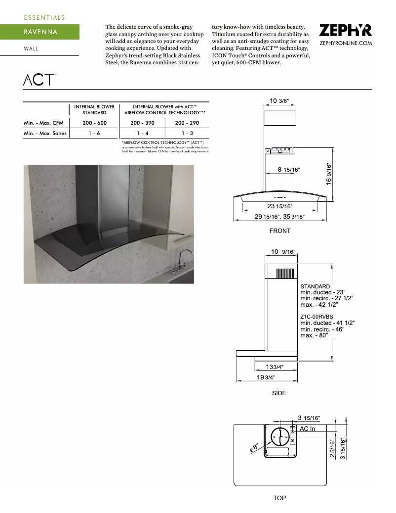 Page 1 de la notice Fiche technique Zephyr ZRVE30BBSGG