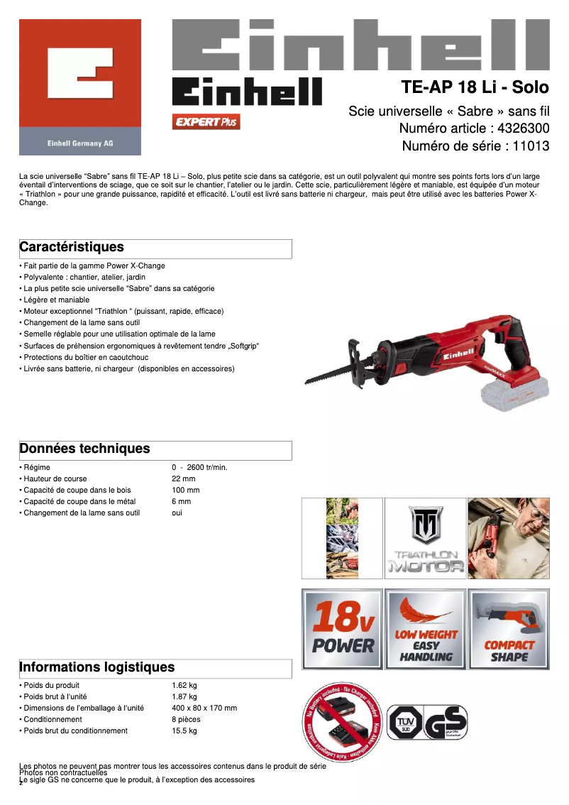 Page 1 de la notice Fiche technique Einhell TE-AP 18/22 Li-Solo
