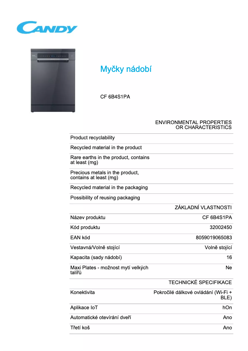 Página 1 del manual Ficha técnica Candy CF 6B4S1PA