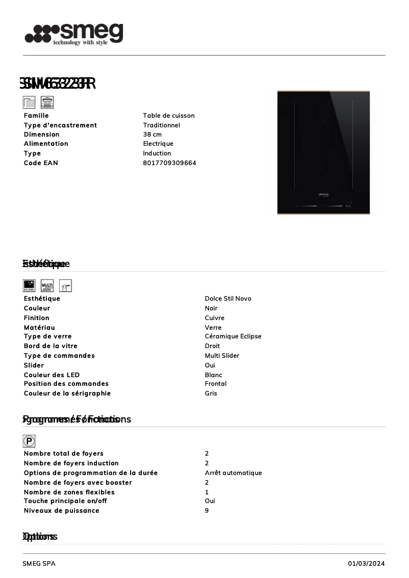 Página 1 del manual Ficha técnica Smeg SIM6323R