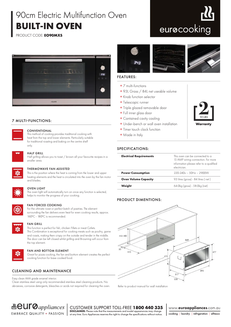 Page 1 de la notice Fiche technique Euro Appliances EO90MXS