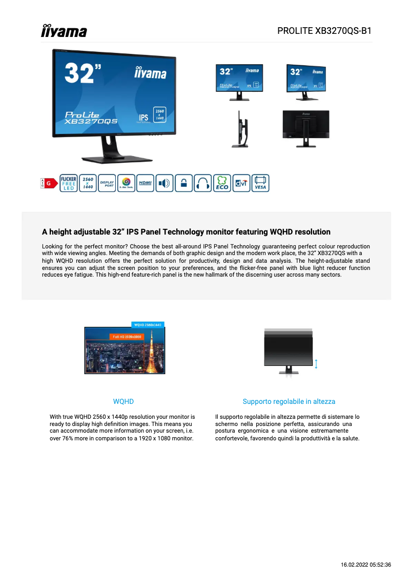 Page 1 de la notice Fiche technique Iiyama ProLite XB3270QS