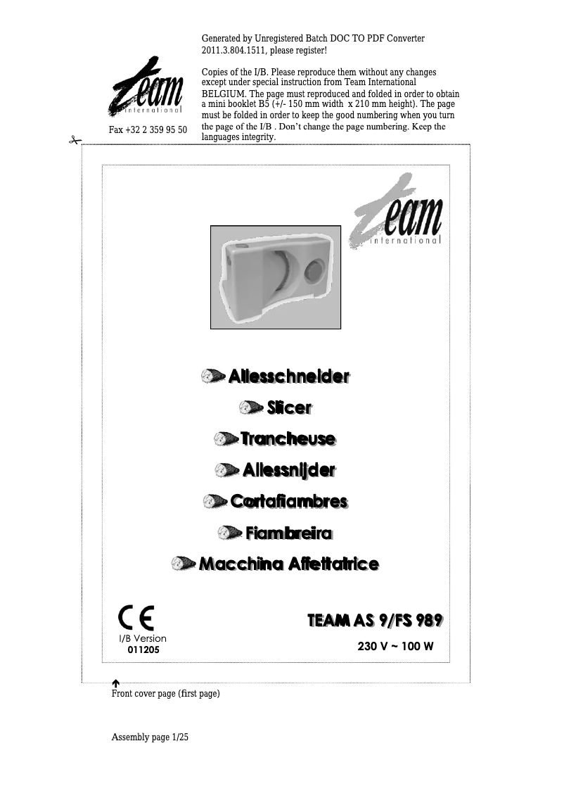 Page 1 de la notice Manuel utilisateur Team FS 989