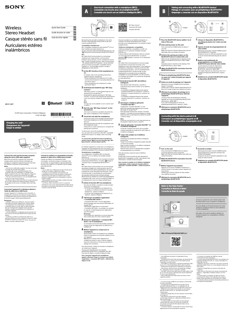 Page 1 de la notice Guide d'installation Sony MDR-1ABT