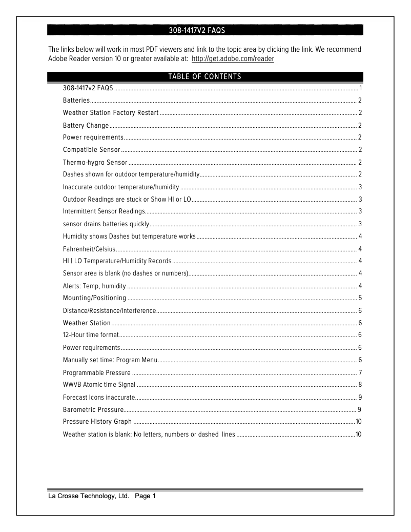 Page 1 of the manual FAQ La Crosse Technology 308-1417V2