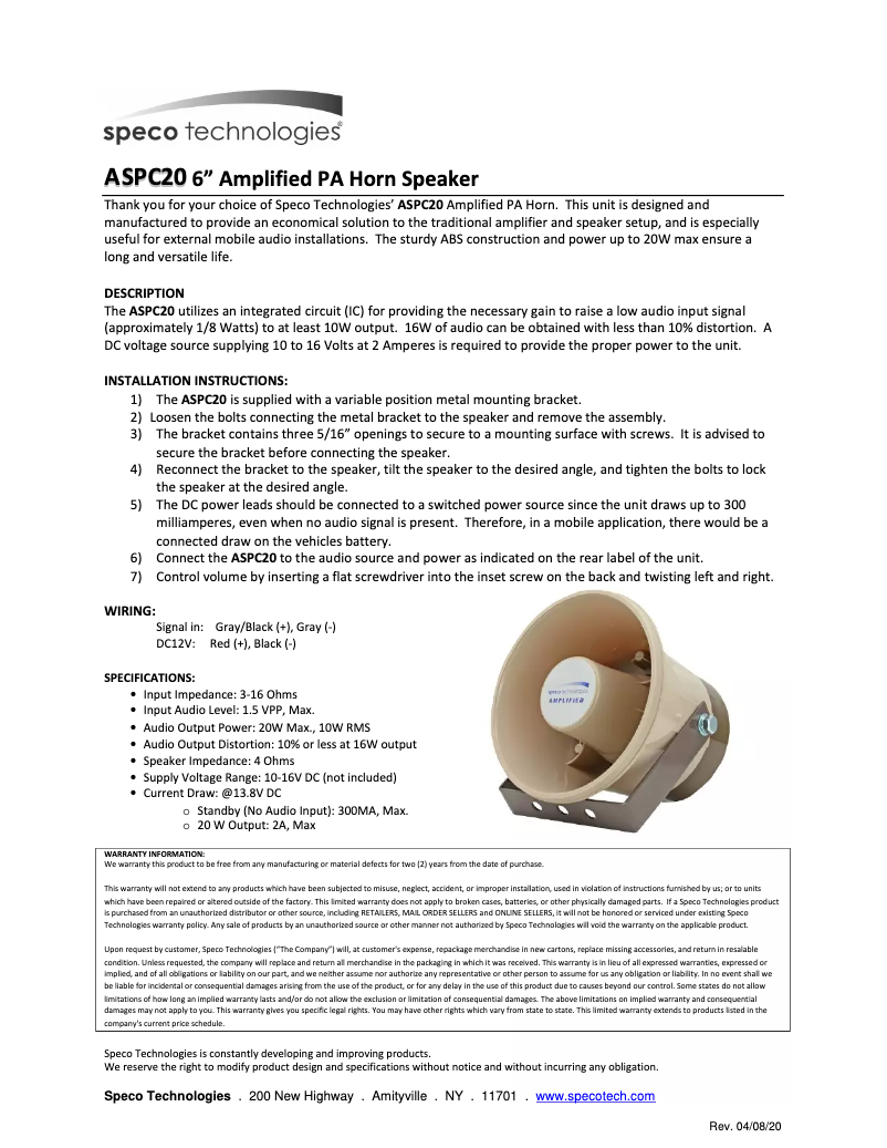 Page 1 de la notice Manuel utilisateur Speco Technologies ASPC20