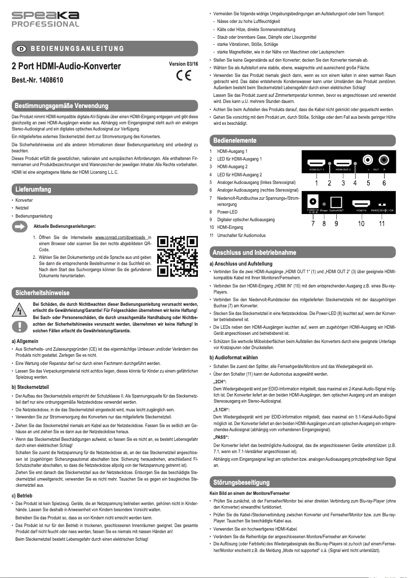 Page 1 de la notice Manuel utilisateur Speaka SP-AE-HDCT-2P
