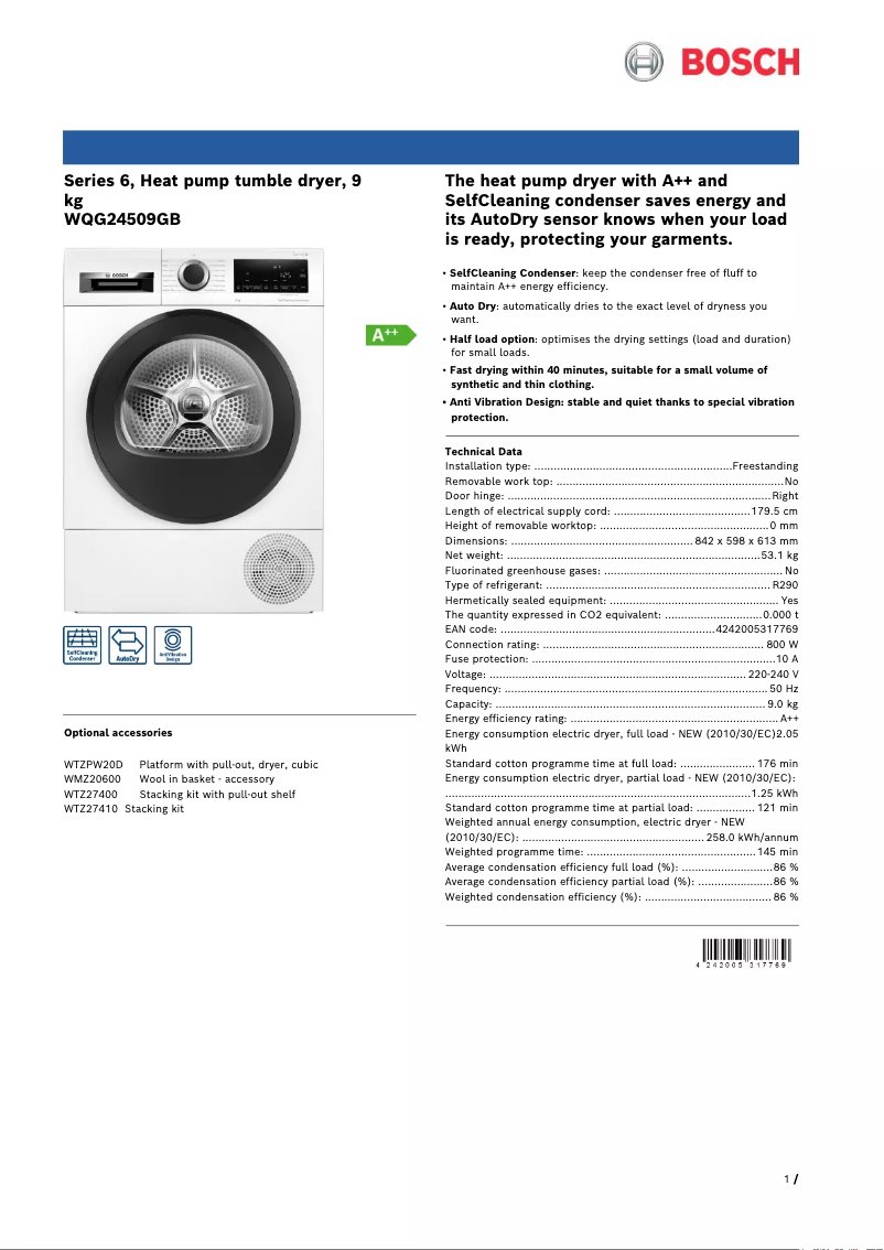Page 1 of the manual Technical Sheet Bosch WQG24509GB