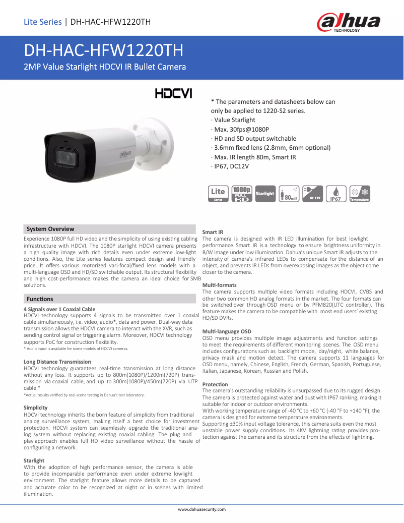 Page 1 de la notice Fiche technique Dahua Technology HAC-HFW1220TH
