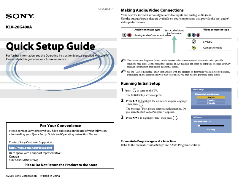 Page 1 de la notice Guide d'installation Sony KLV-20G400A
