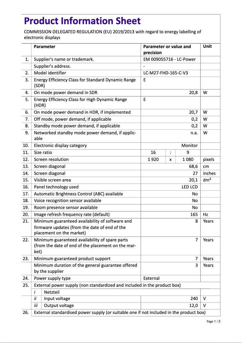 Page 1 de la notice Fiche technique LC-Power LC-M27-FHD-165-C-V3