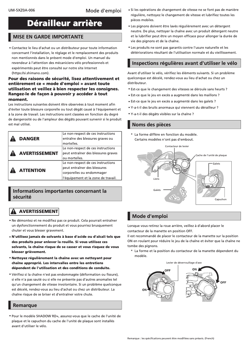 Page 1 de la notice Manuel utilisateur Shimano RD-M7120-SGS