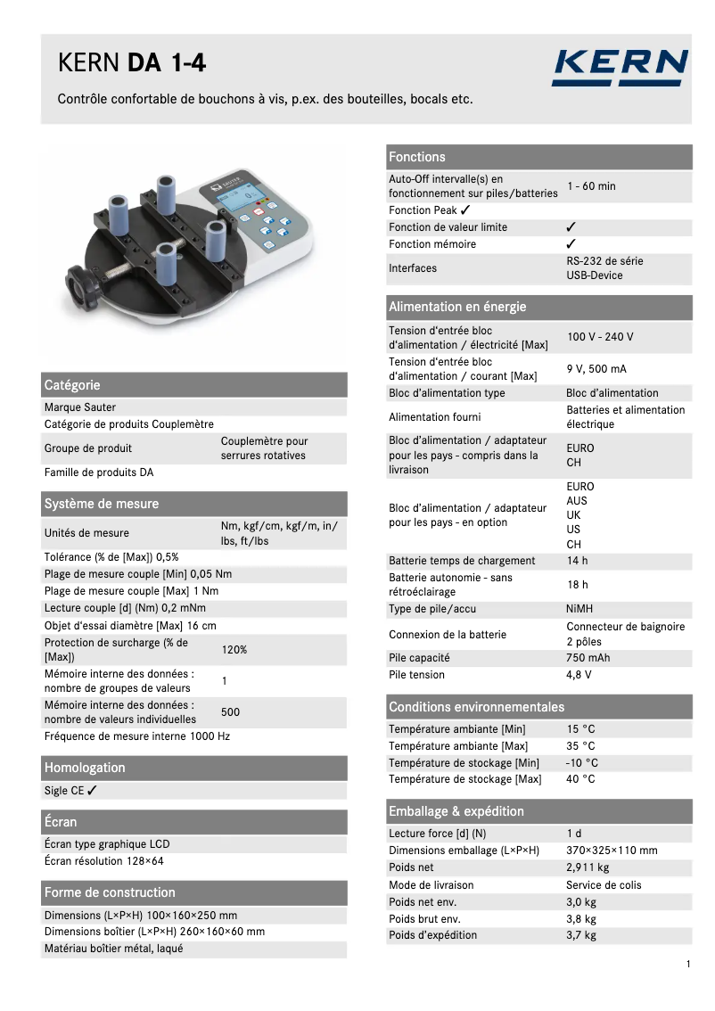Page 1 de la notice Fiche technique Kern DA 1-4