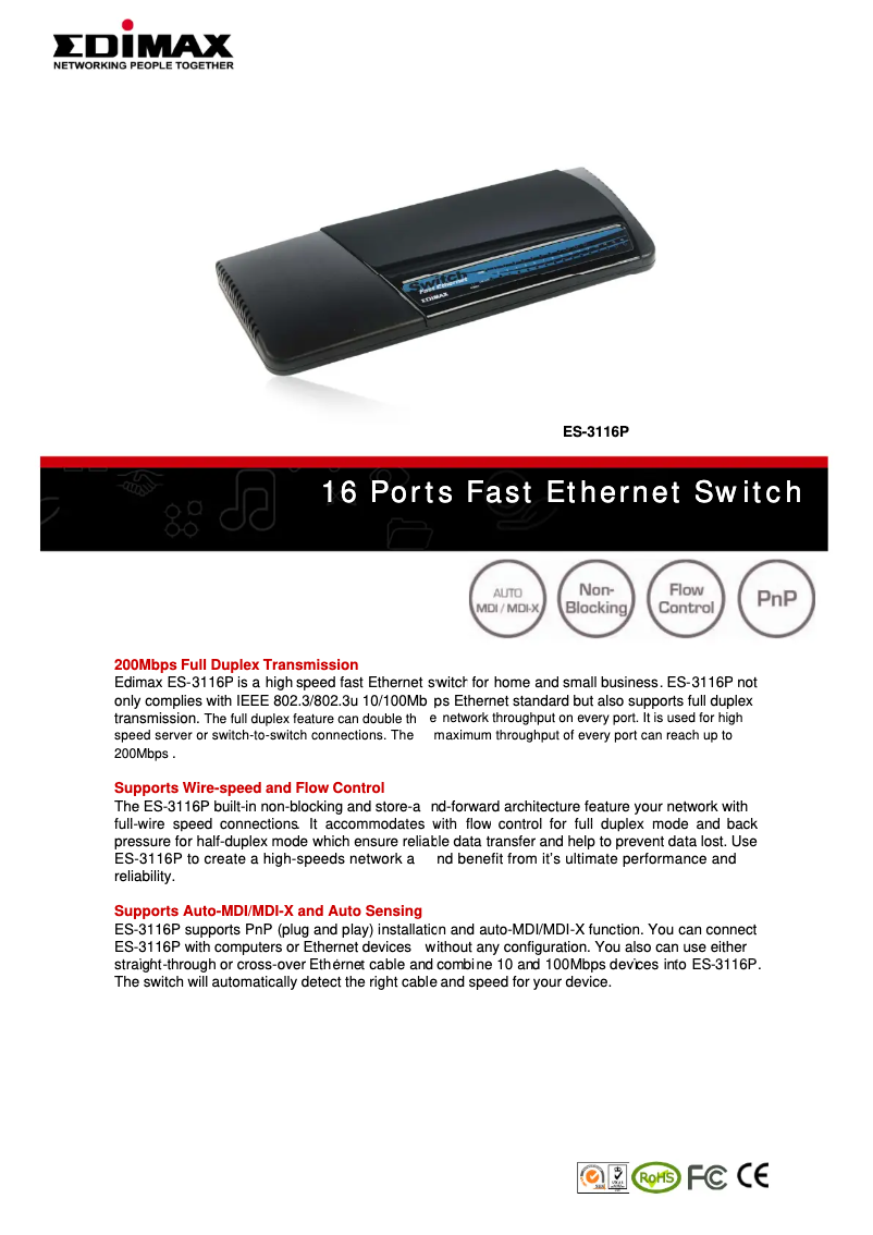 Page 1 de la notice Fiche technique Edimax ES-3116P