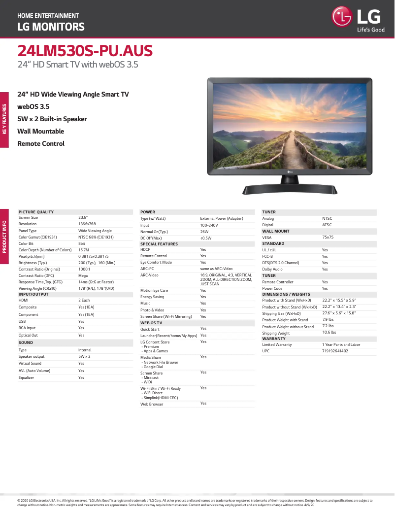 Page 1 of the manual Technical Sheet LG 24LM530S-PU
