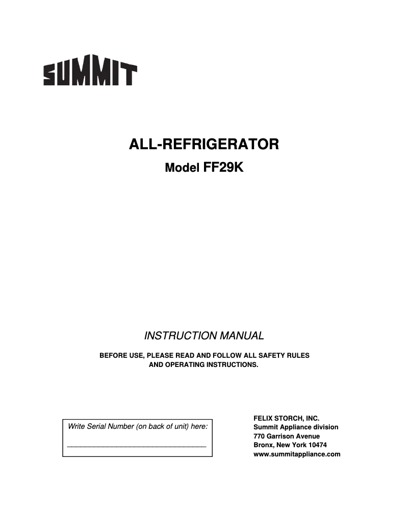 Page 1 de la notice Manuel d'utilisation et d'entretien Summit FF29K