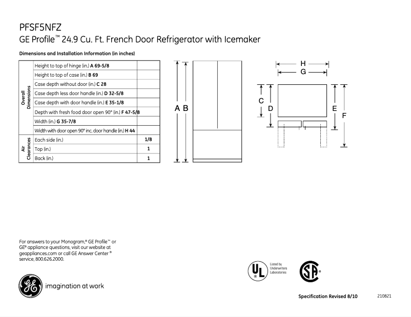 Page 1 of the manual Technical Sheet GE PFSF5NFZWW