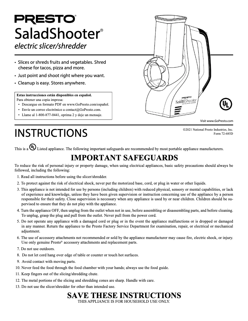 Page 1 de la notice Manuel utilisateur Presto SaladShooter 02910