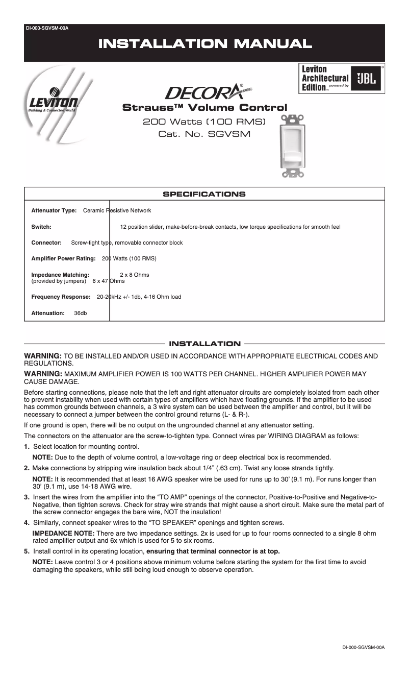 Page 1 de la notice Manuel utilisateur Leviton SGVSM-W