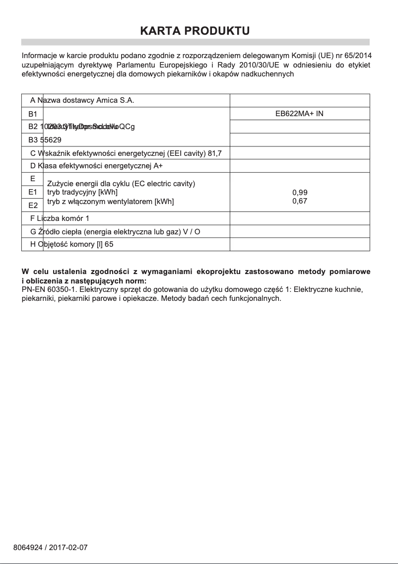 Page 1 de la notice Fiche technique Amica EB622MA+ IN