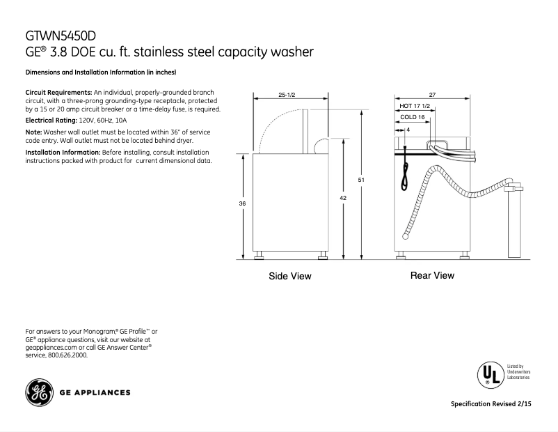 Page 1 of the manual Technical Sheet GE GTWN5450DWW