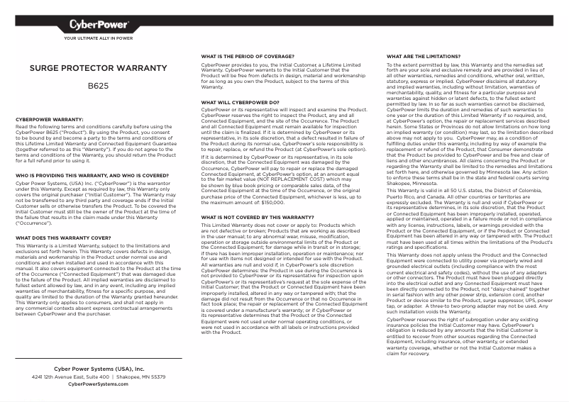 Page 1 de la notice Informations de garantie CyberPower B625