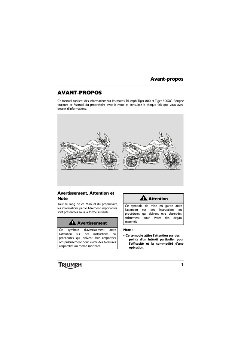 Page 1 de la notice Manuel utilisateur Triumph Tiger 800XC (2011)