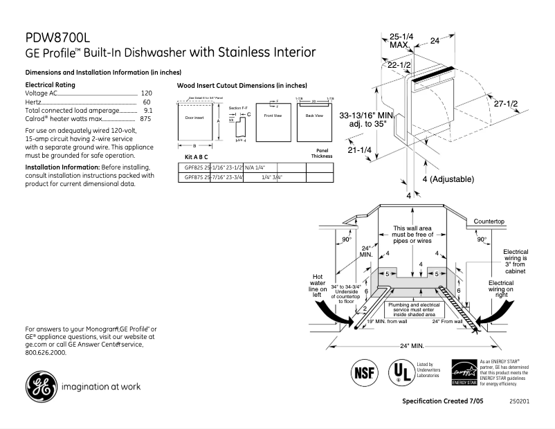 Page n°1 - Fiche technique GE Profile PDW8700LBB
