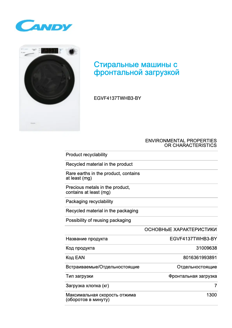 Página 1 del manual Ficha técnica Candy EGVF4137TWHB3-BY