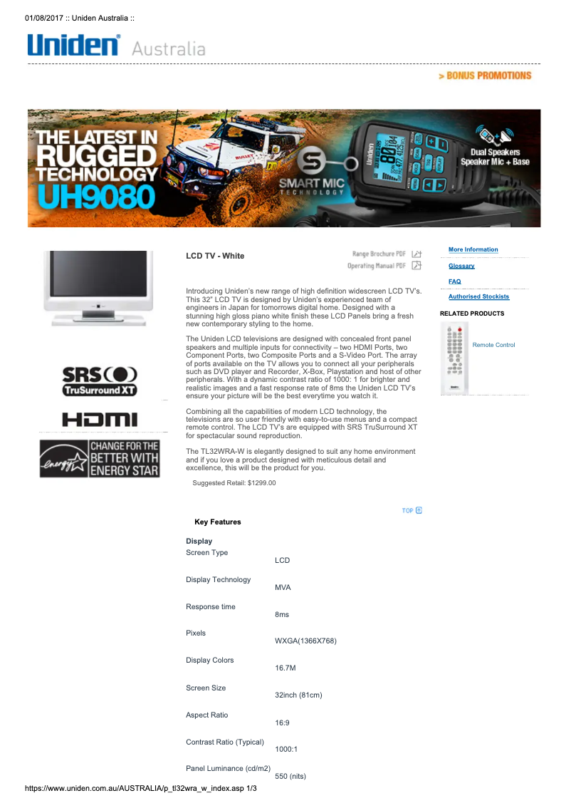 Page 1 de la notice Manuel utilisateur Uniden TL32WRA-W