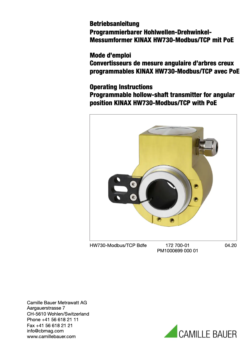 Page 1 de la notice Manuel utilisateur Camille Bauer KINAX HW730-Modbus/TCP