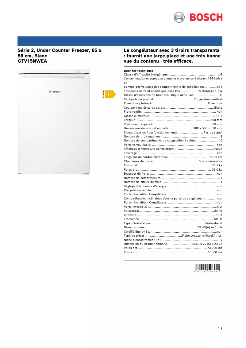 Page 1 of the manual Technical Sheet Bosch GTV15NWEA