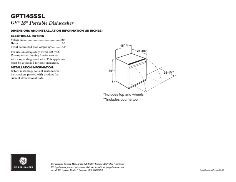 Page 1 of the manual Technical Sheet GE GPT145SSLSS
